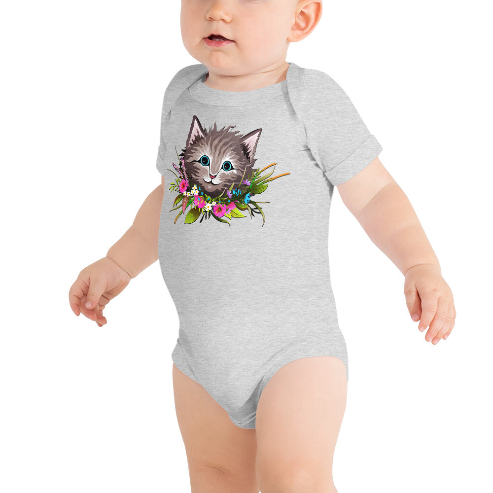 Cute Cat Face with Flowers Wreath Around the Neck Bodysuit, No. 0155