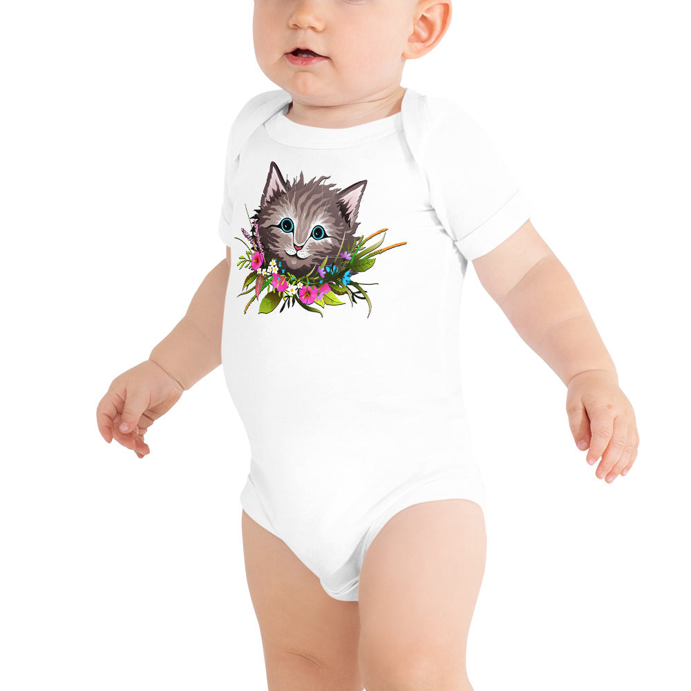 Cute Cat Face with Flowers Wreath Around the Neck Bodysuit, No. 0155