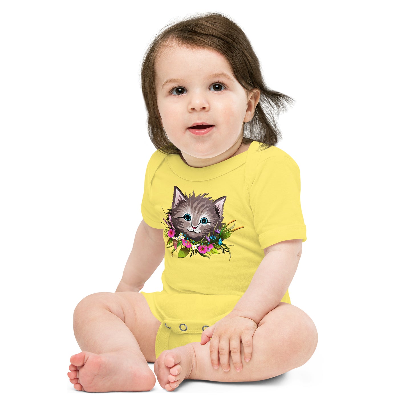 Cute Cat Face with Flowers Wreath Around the Neck Bodysuit, No. 0155