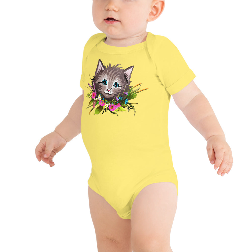 Cute Cat Face with Flowers Wreath Around the Neck Bodysuit, No. 0155