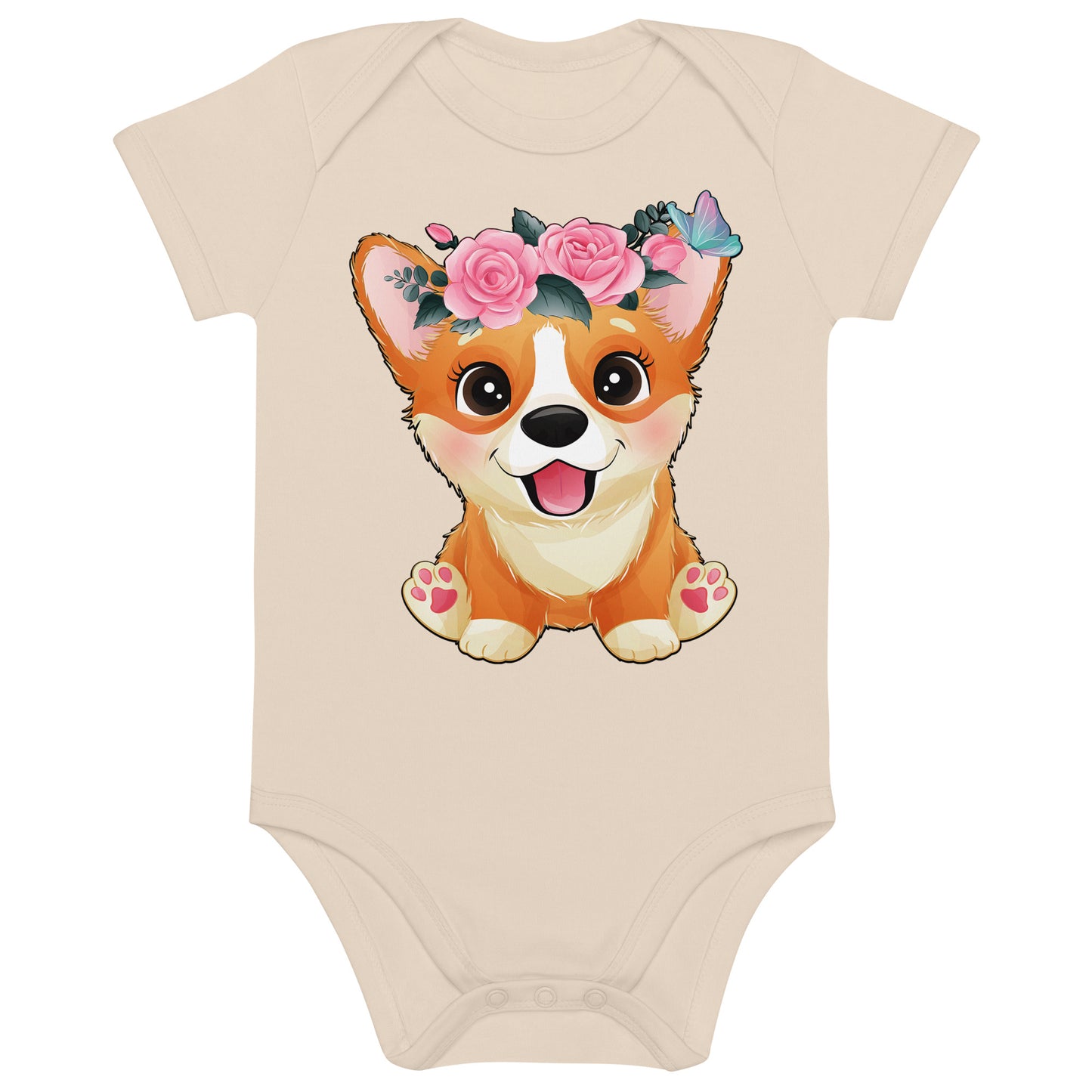 Cute Little Corgi Dog with Flowers Bodysuit, No. 0354