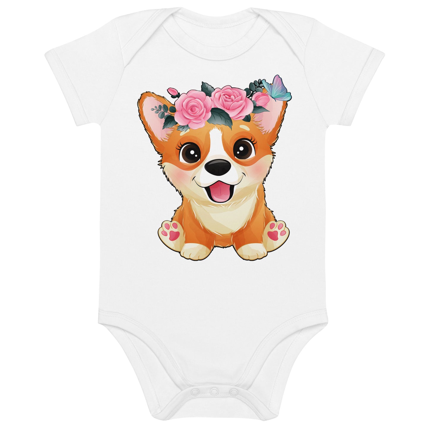 Cute Little Corgi Dog with Flowers Bodysuit, No. 0354