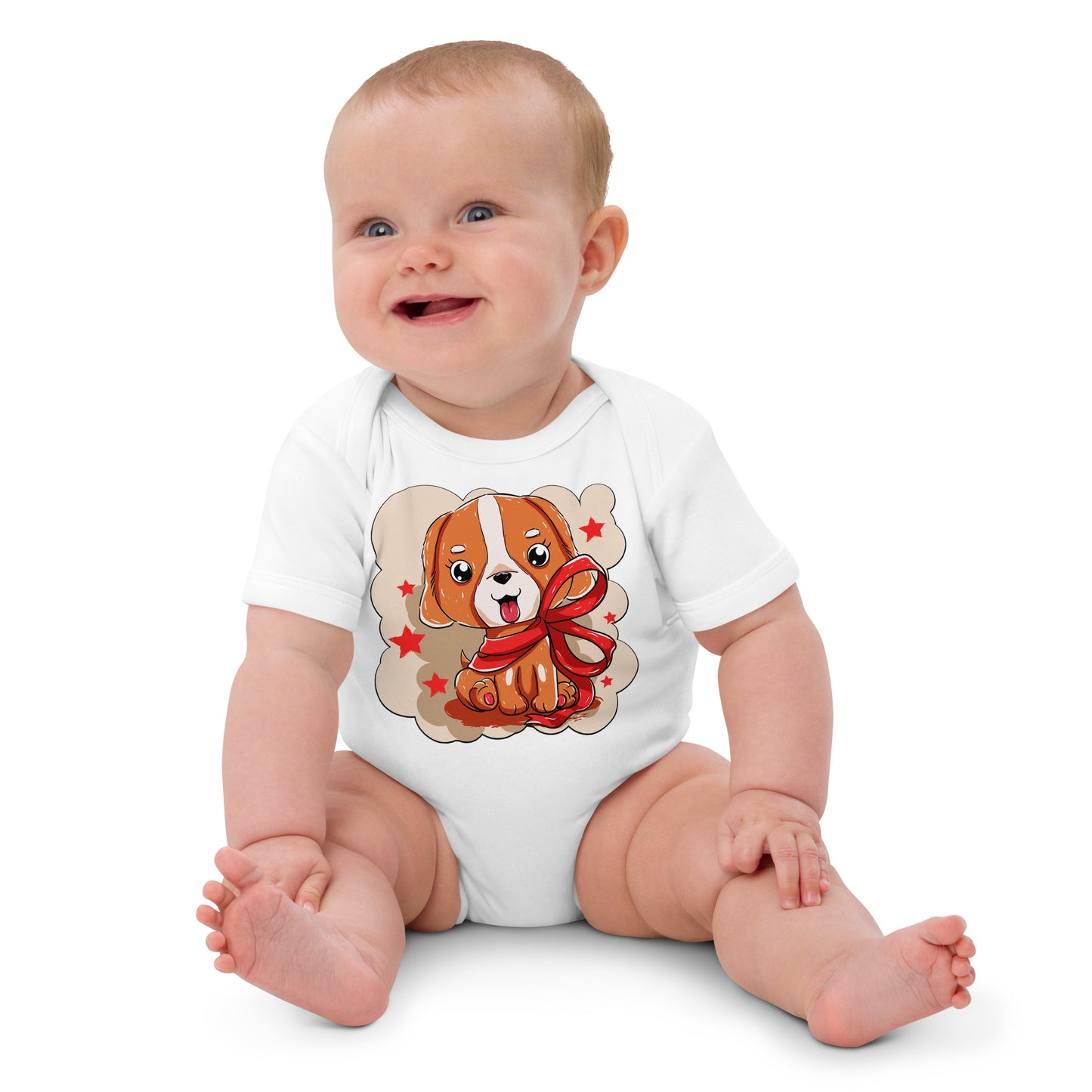Cute Puppy Dog with Red Ribbon Bodysuit, No. 0374