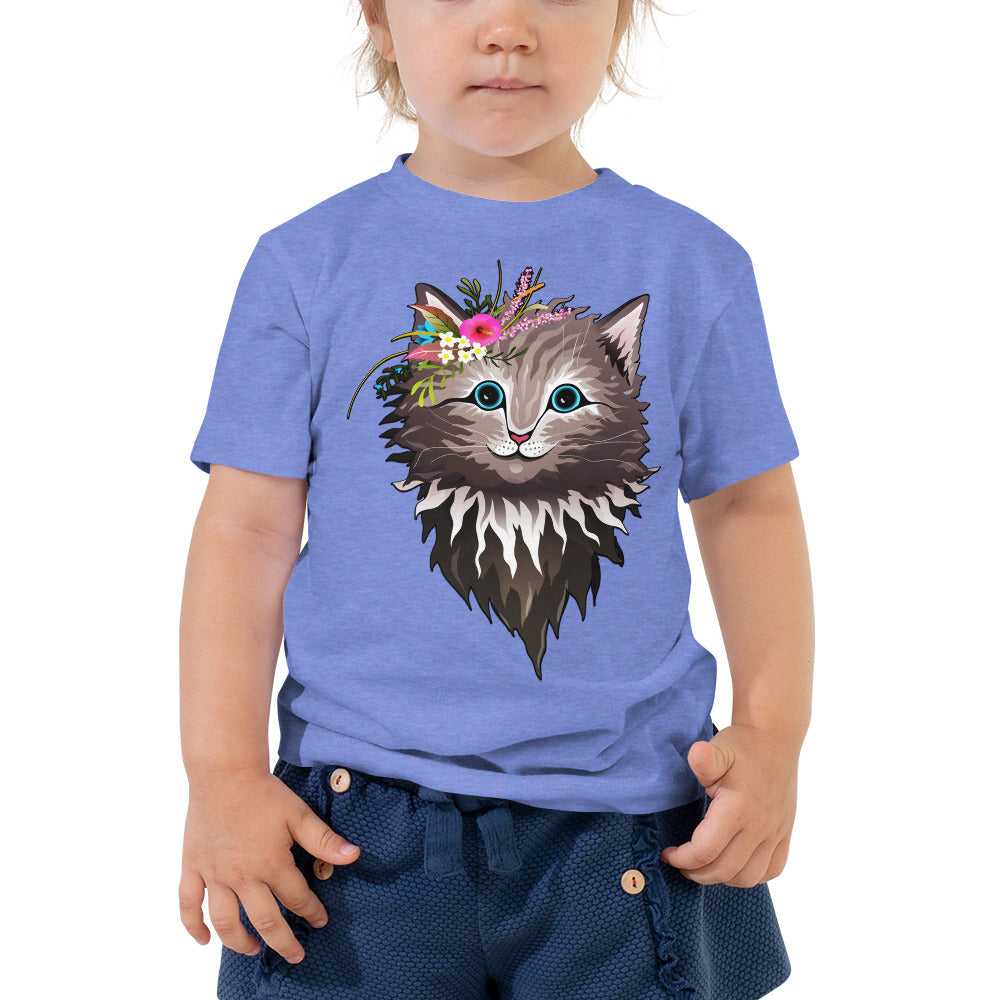 Cute Cat Face with Flowers on Head T-shirt, No. 0154