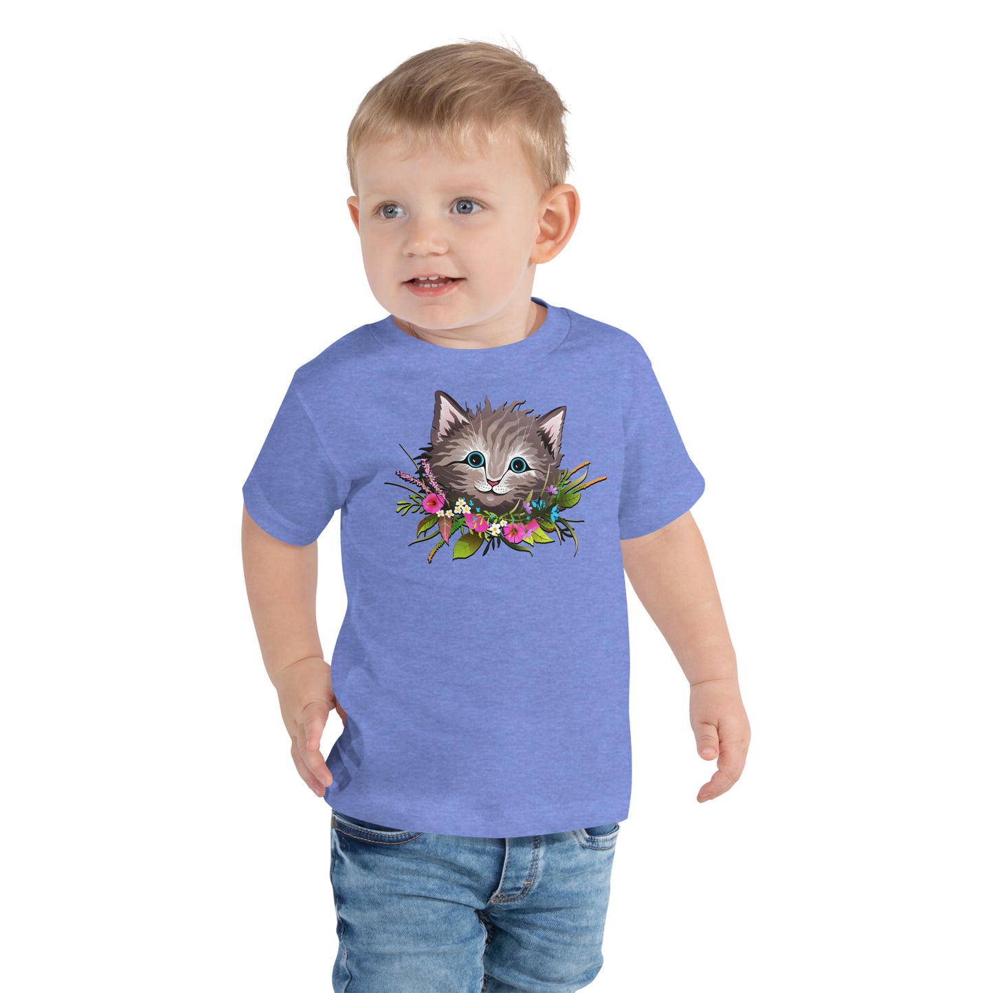 Cute Cat Face with Flowers Wreath Around the Neck T-shirt, No. 0155