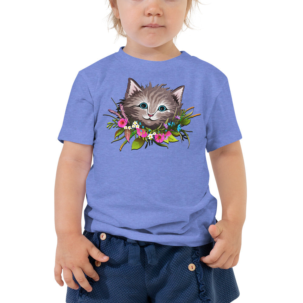 Cute Cat Face with Flowers Wreath Around the Neck T-shirt, No. 0155