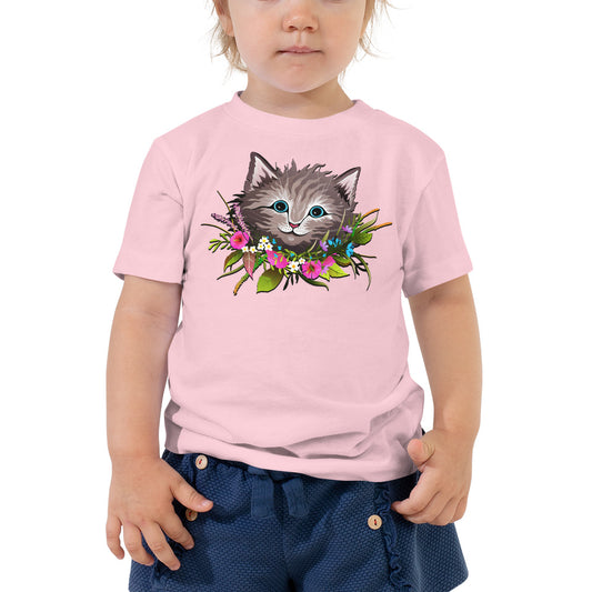 Cute Cat Face with Flowers Wreath Around the Neck T-shirt, No. 0155