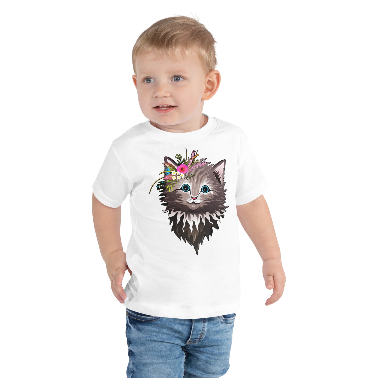 Cute Cat Face with Flowers on Head T-shirt, No. 0154