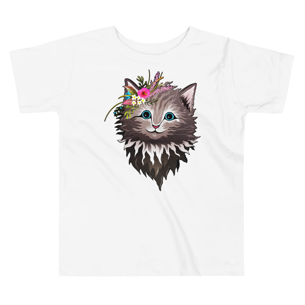 Cute Cat Face with Flowers on Head T-shirt, No. 0154