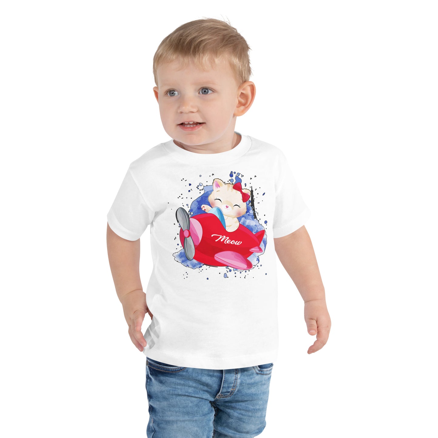 Cute Kitty Cat Flying with Aeroplan T-shirt, No. 0311