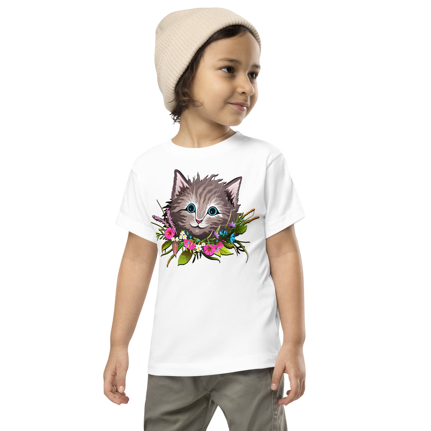 Cute Cat Face with Flowers Wreath Around the Neck T-shirt, No. 0155