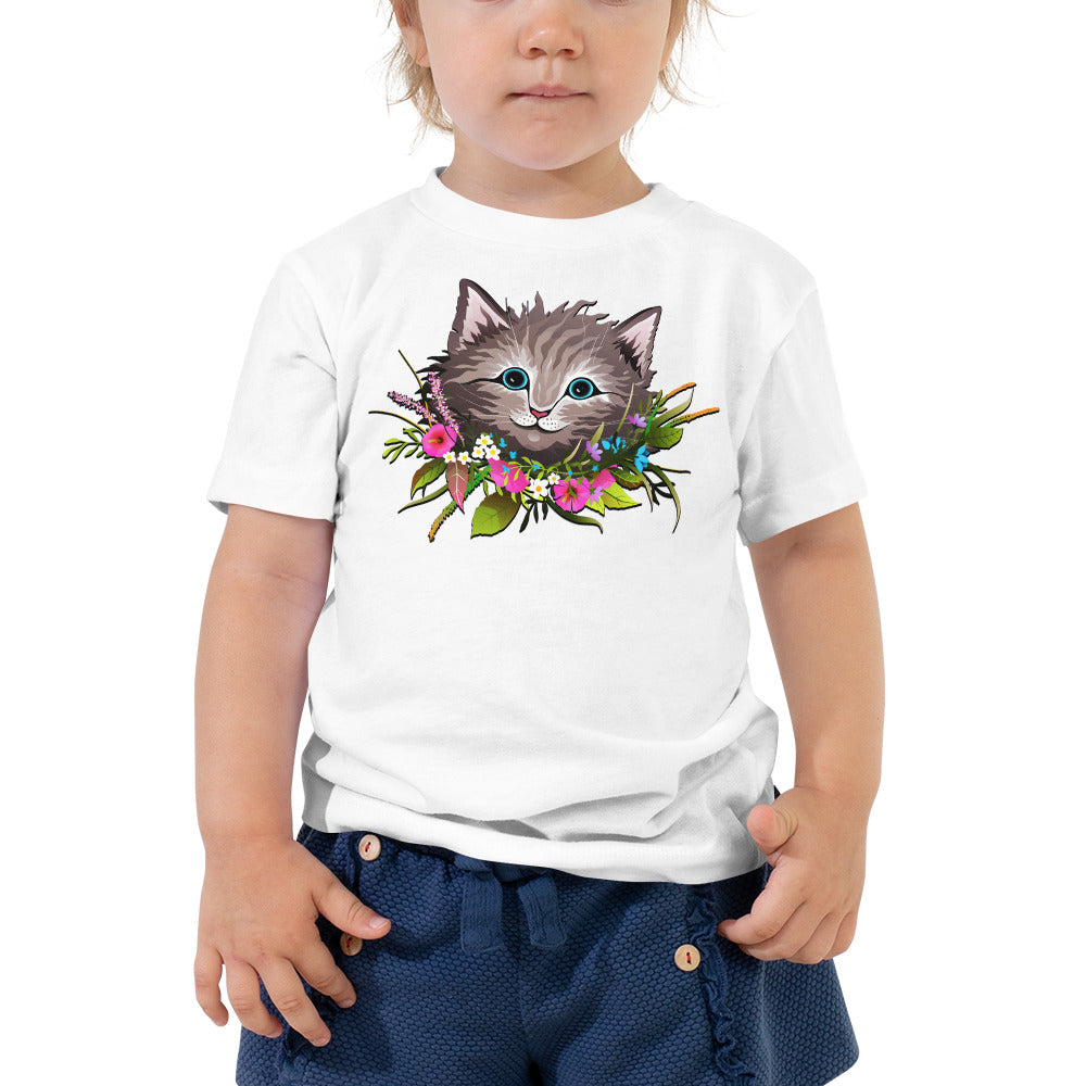 Cute Cat Face with Flowers Wreath Around the Neck T-shirt, No. 0155