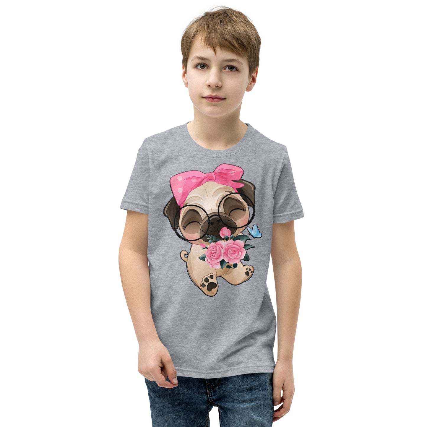 Cute Little Pug Dog Holding Roses T-shirt, No. 0362