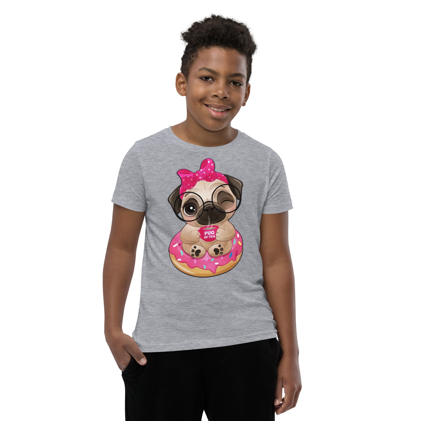 Cute Little Pug Dog Sitting in Donut T-shirt, No. 0365