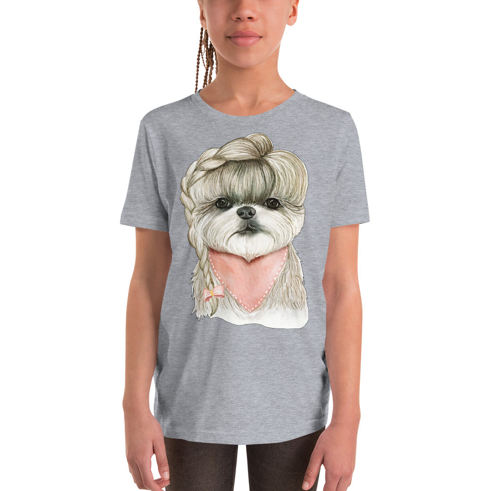 Adorable Dog with Hair Braids Ribbon T-shirt, No. 0564