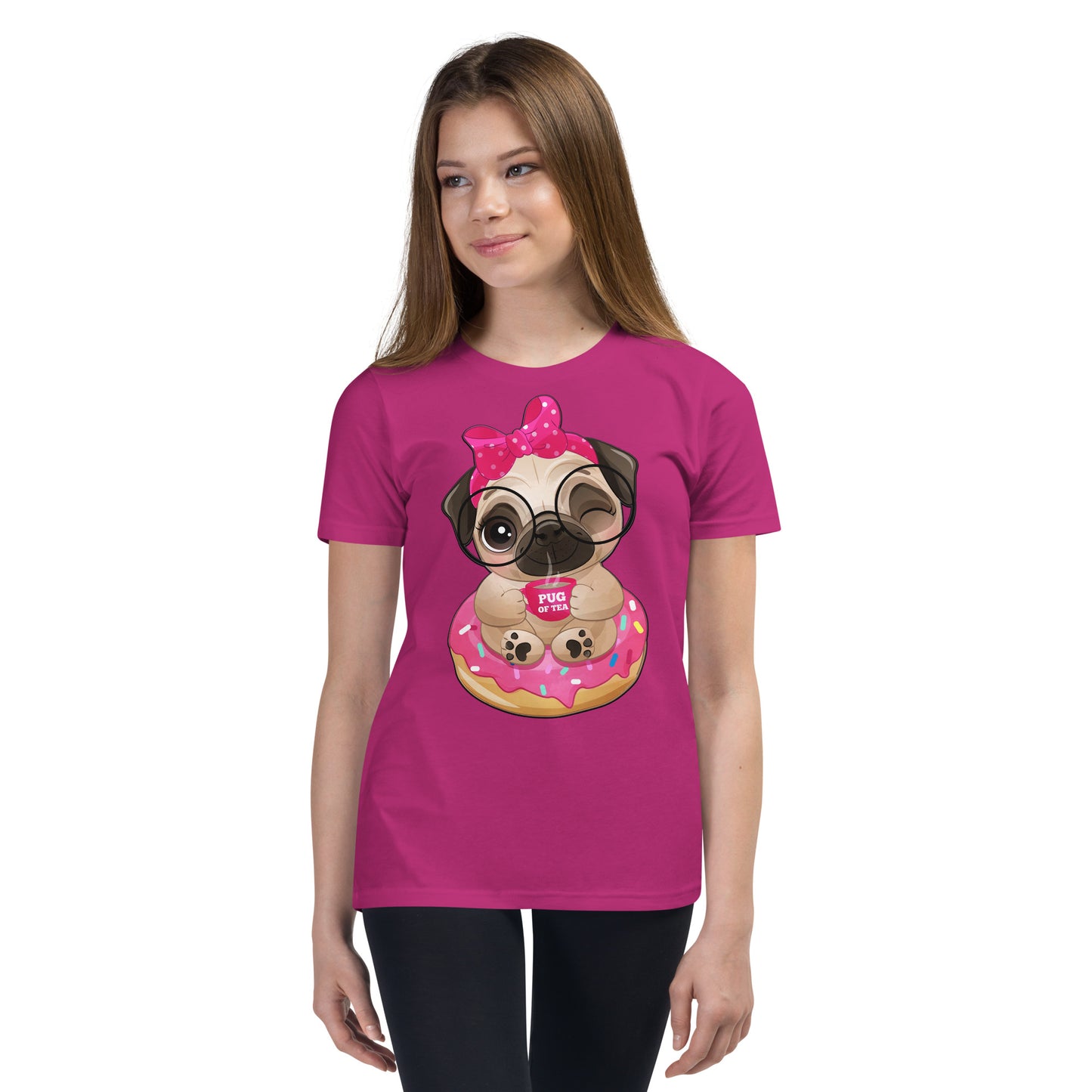 Cute Little Pug Dog Sitting in Donut T-shirt, No. 0365