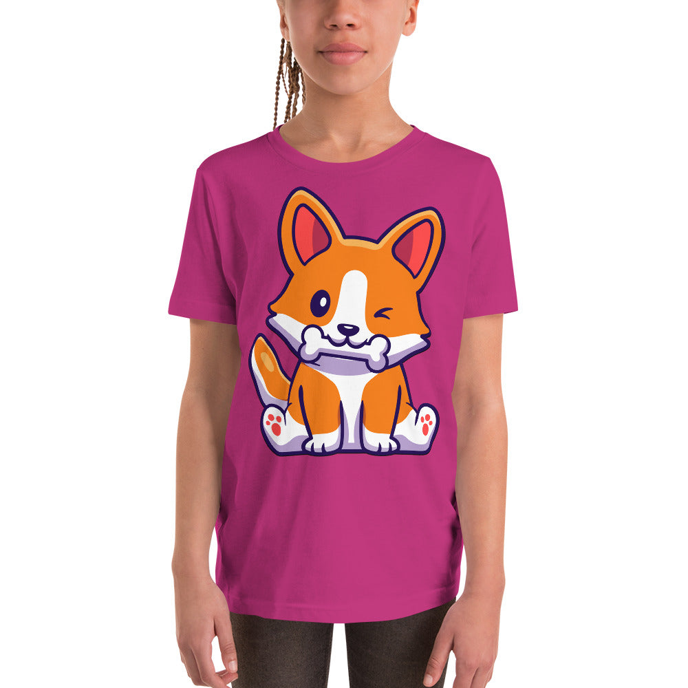 Cute Corgi Dog Eating Bone T-shirt, No. 0182