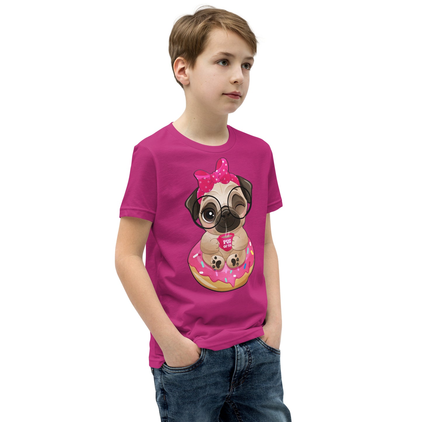 Cute Little Pug Dog Sitting in Donut T-shirt, No. 0365