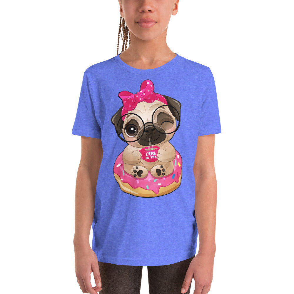 Cute Little Pug Dog Sitting in Donut T-shirt, No. 0365