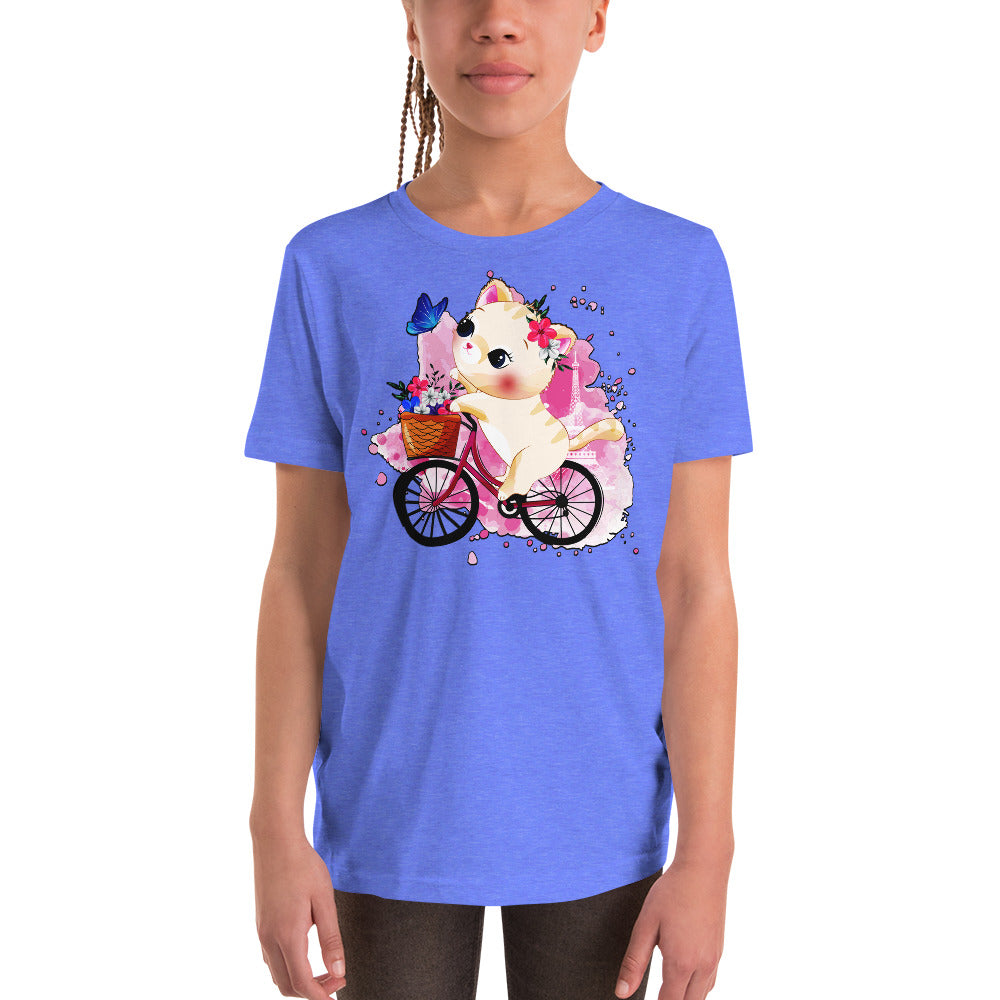 Cute Kitty Cat Riding Bicycle T-shirt, No. 0322