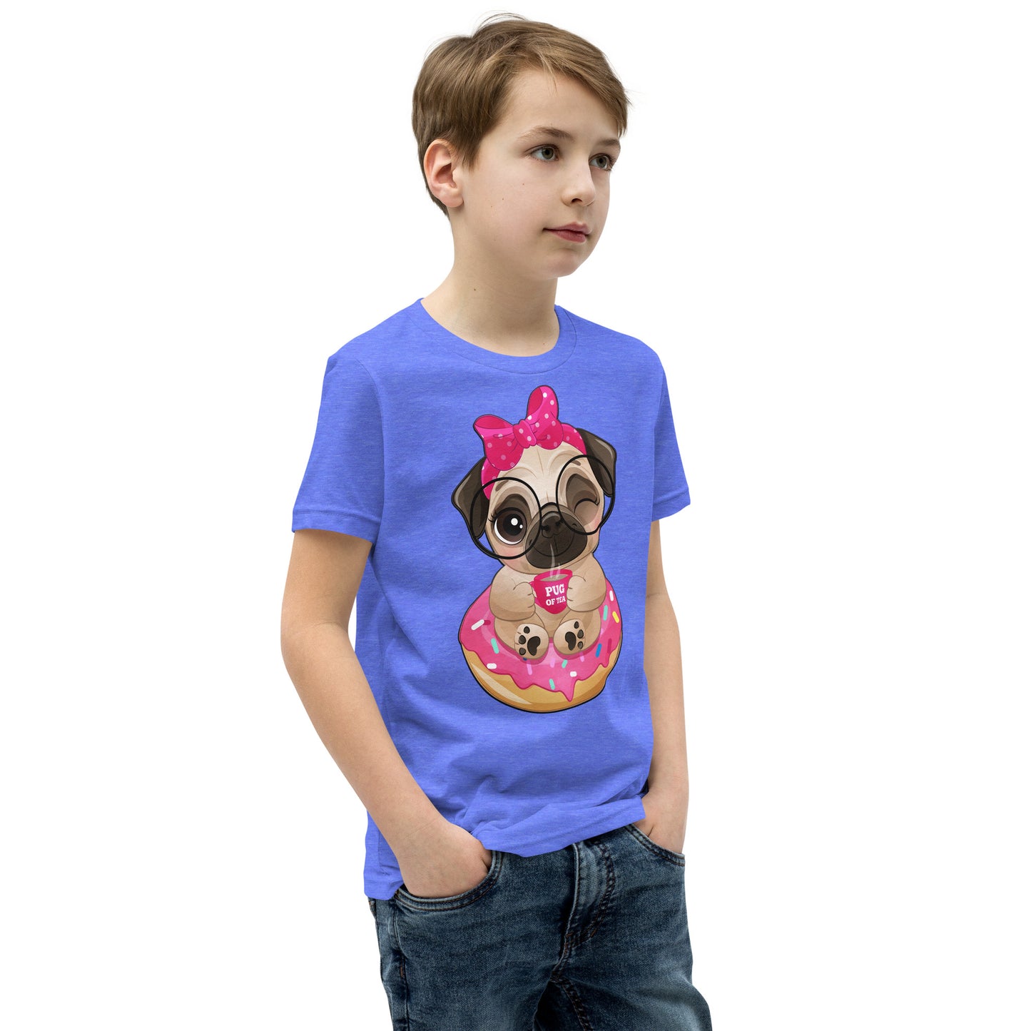 Cute Little Pug Dog Sitting in Donut T-shirt, No. 0365