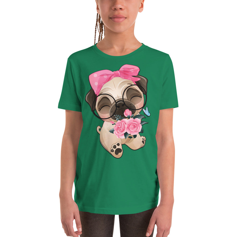 Cute Little Pug Dog Holding Roses T-shirt, No. 0362