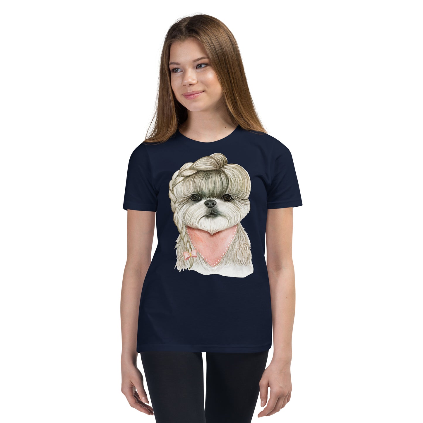 Adorable Dog with Hair Braids Ribbon T-shirt, No. 0564