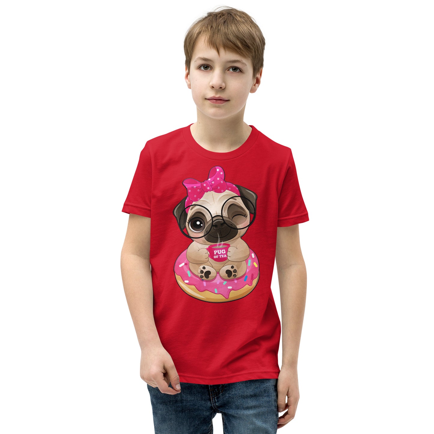 Cute Little Pug Dog Sitting in Donut T-shirt, No. 0365