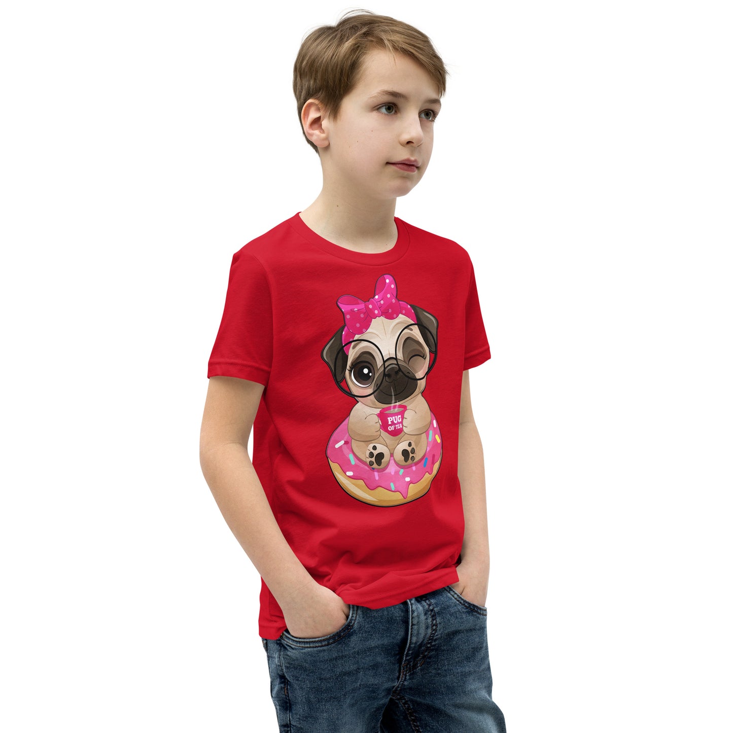 Cute Little Pug Dog Sitting in Donut T-shirt, No. 0365