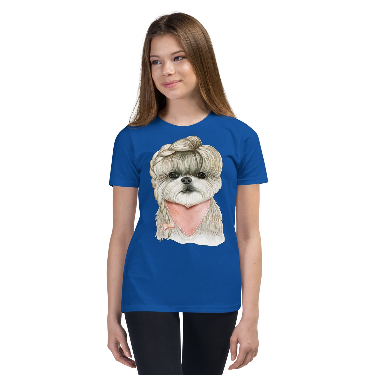 Adorable Dog with Hair Braids Ribbon T-shirt, No. 0564