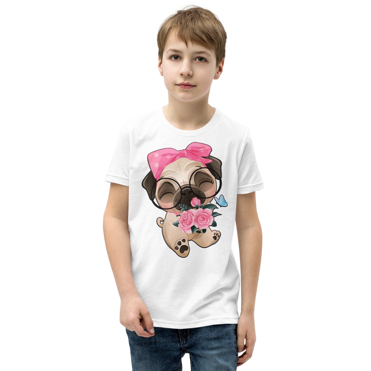 Cute Little Pug Dog Holding Roses T-shirt, No. 0362