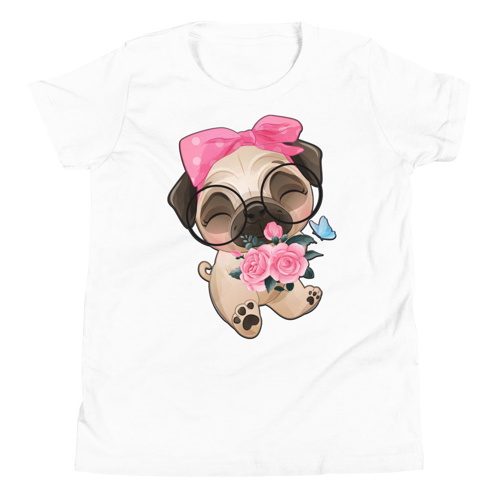 Cute Little Pug Dog Holding Roses T-shirt, No. 0362