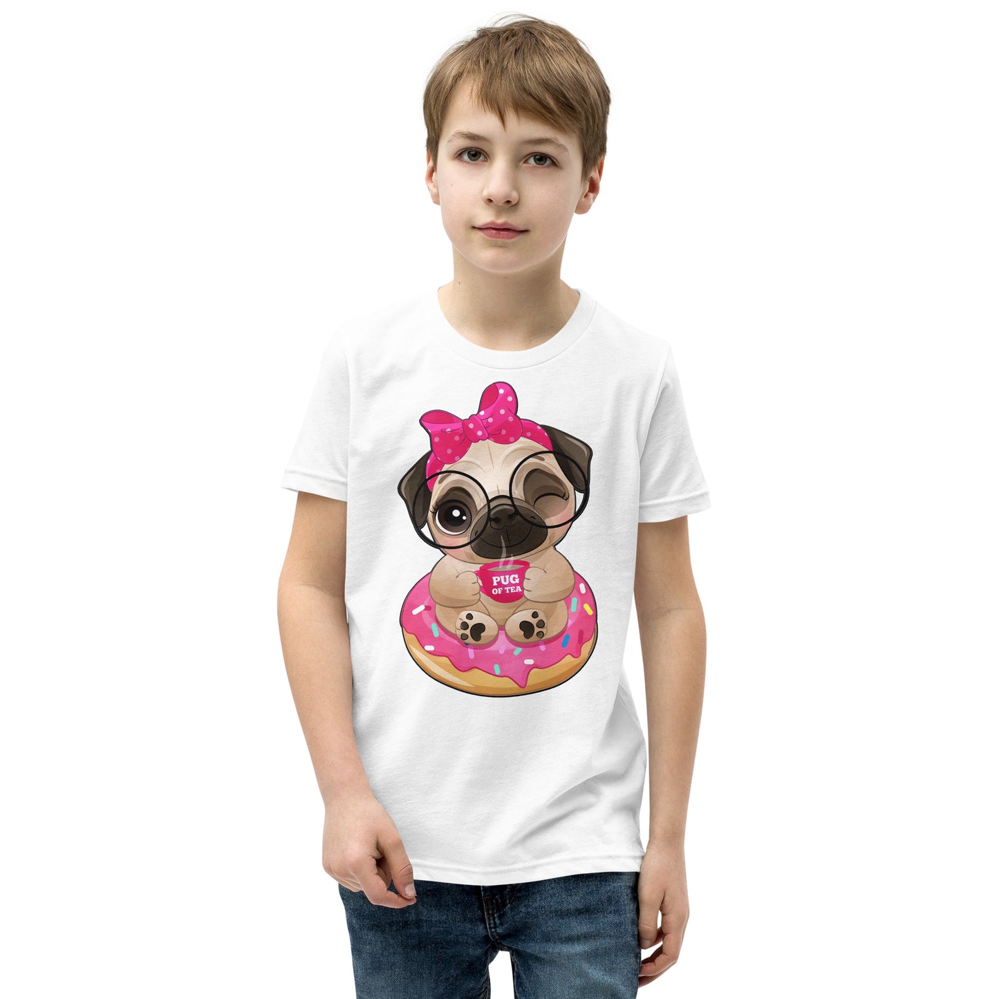 Cute Little Pug Dog Sitting in Donut T-shirt, No. 0365