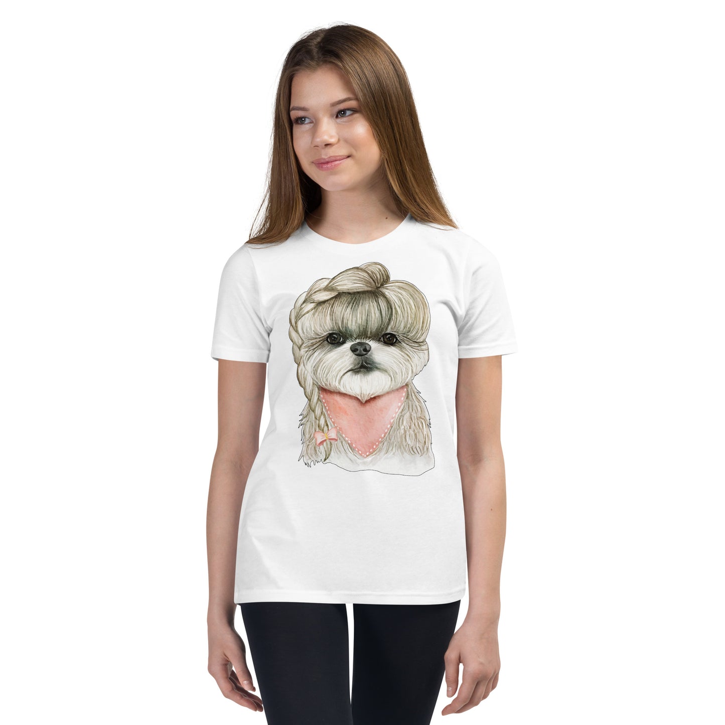 Adorable Dog with Hair Braids Ribbon T-shirt, No. 0564