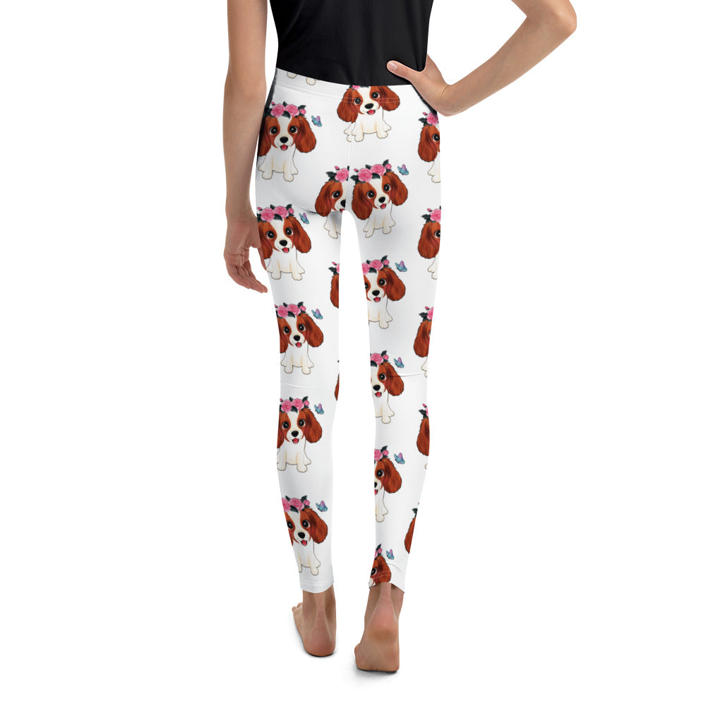 Cute Little Cavalier King Charles Dog with Flowers Leggings, No. 0353