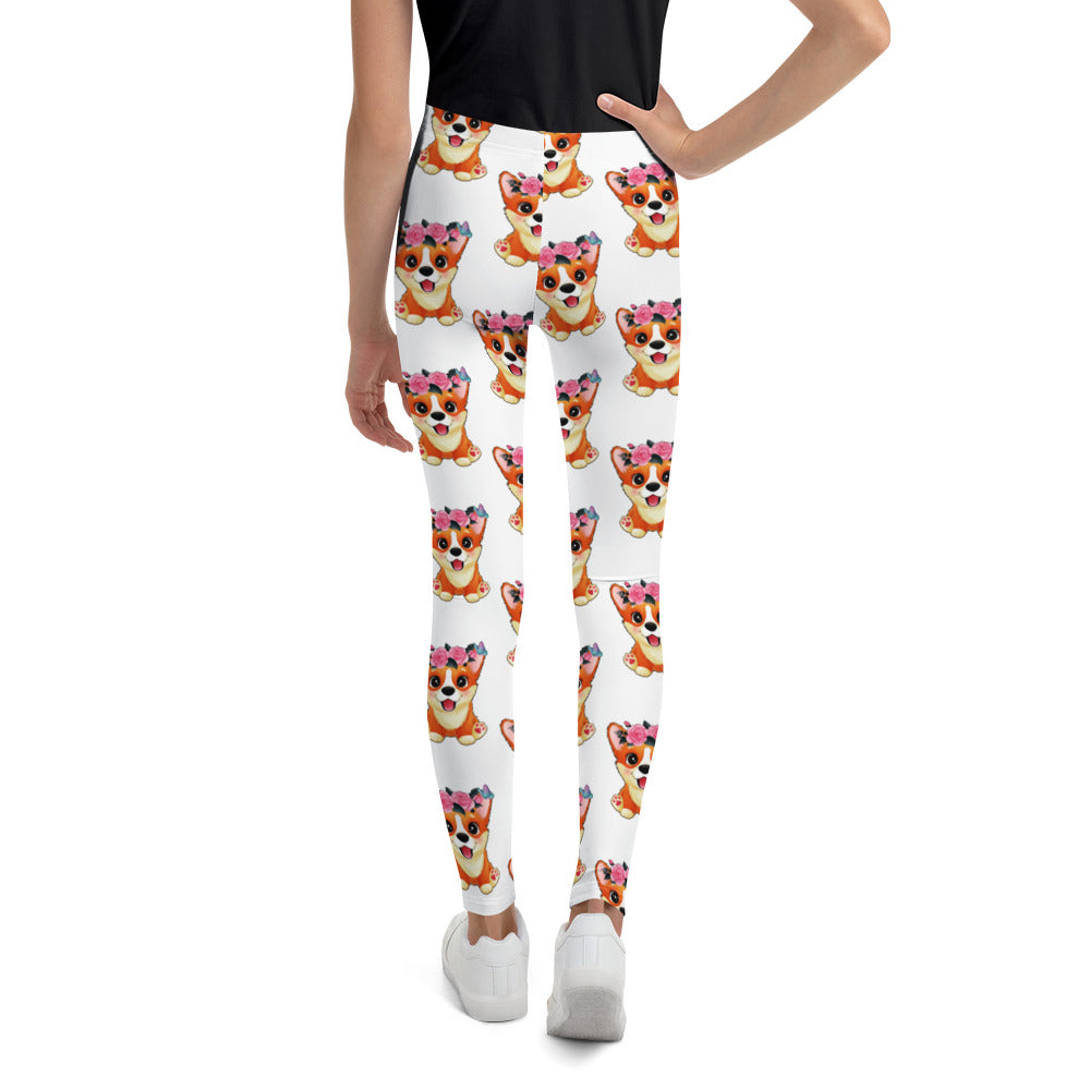 Cute Little Corgi Dog with Flowers Leggings, No. 0354