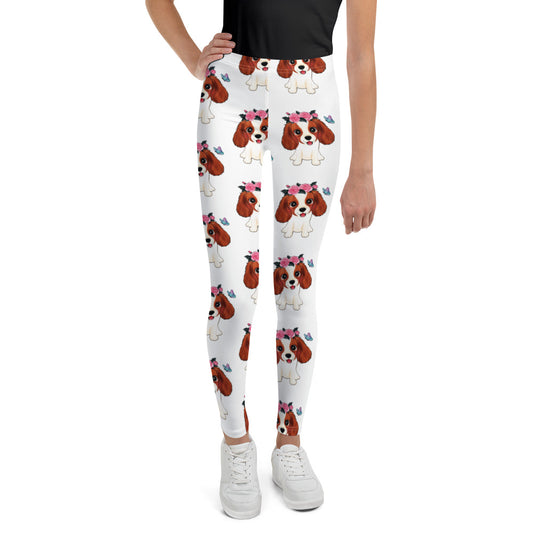 Cute Little Cavalier King Charles Dog with Flowers Leggings, No. 0353