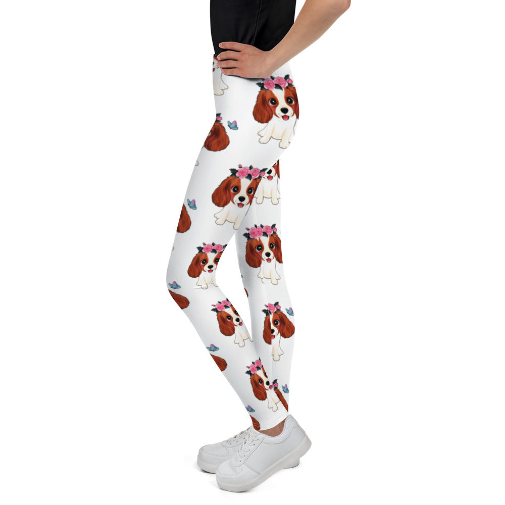 Cute Little Cavalier King Charles Dog with Flowers Leggings, No. 0353