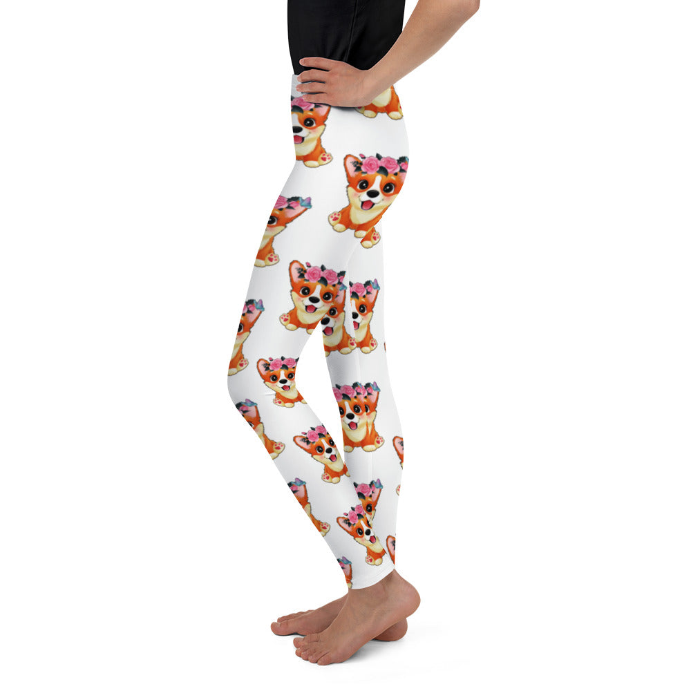 Cute Little Corgi Dog with Flowers Leggings, No. 0354