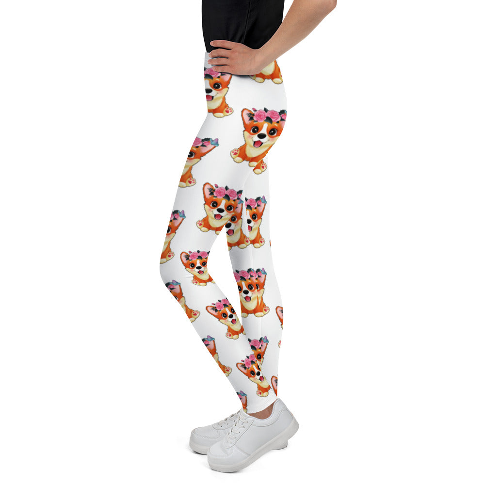 Cute Little Corgi Dog with Flowers Leggings, No. 0354