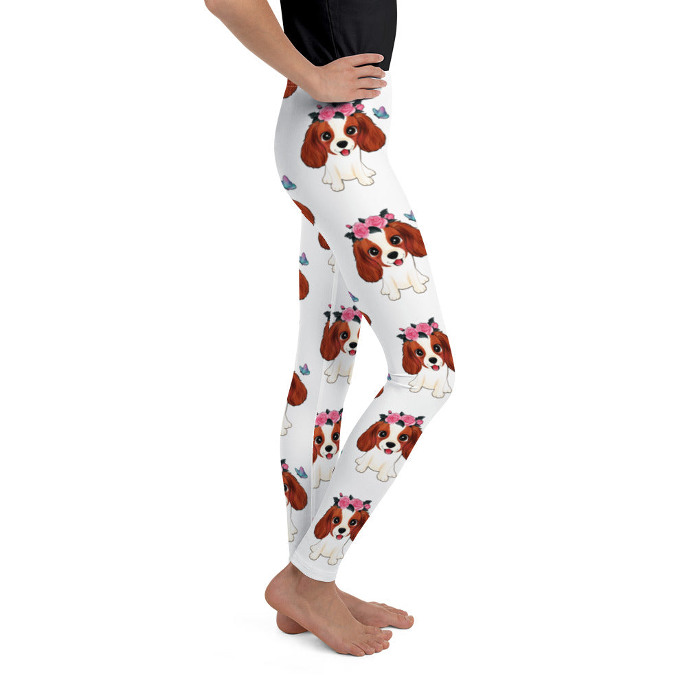 Cute Little Cavalier King Charles Dog with Flowers Leggings, No. 0353