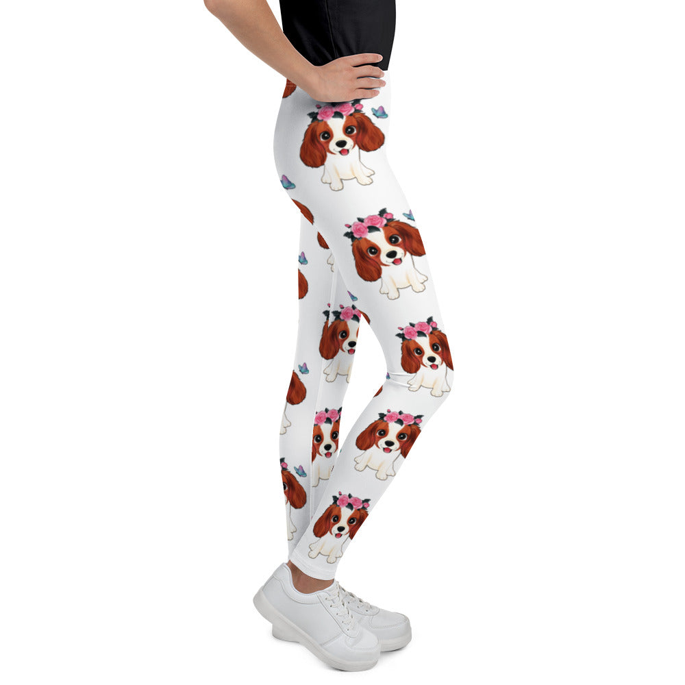 Cute Little Cavalier King Charles Dog with Flowers Leggings, No. 0353