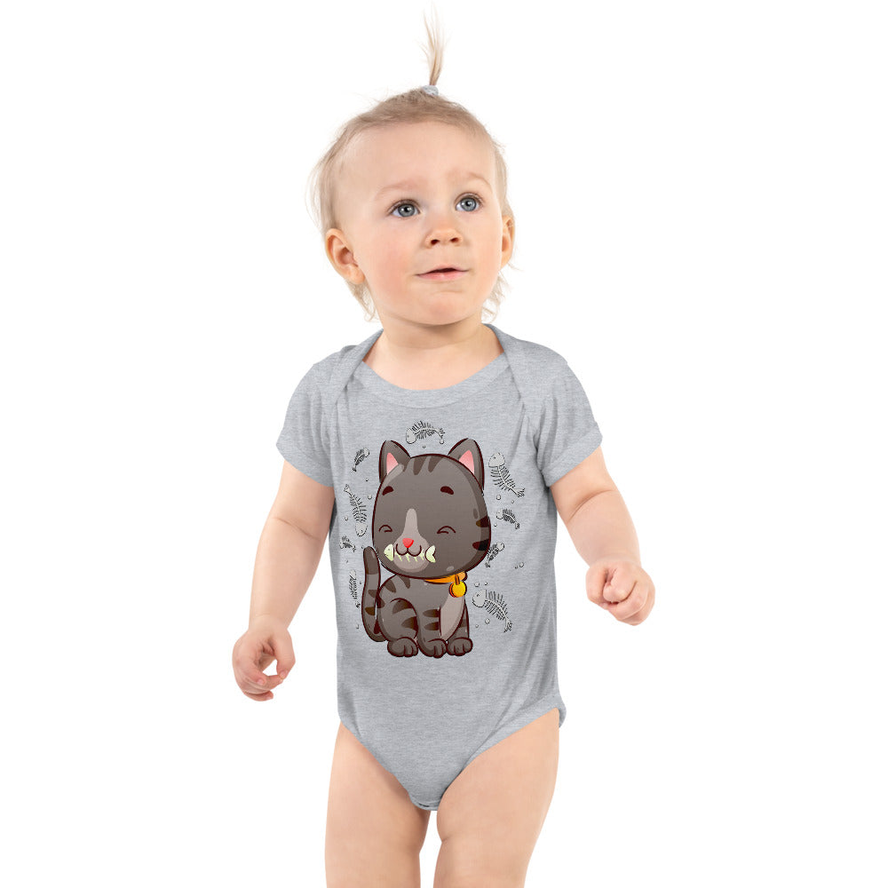 Cute Baby Cat Eating Fish Bone, Bodysuits, No. 0138