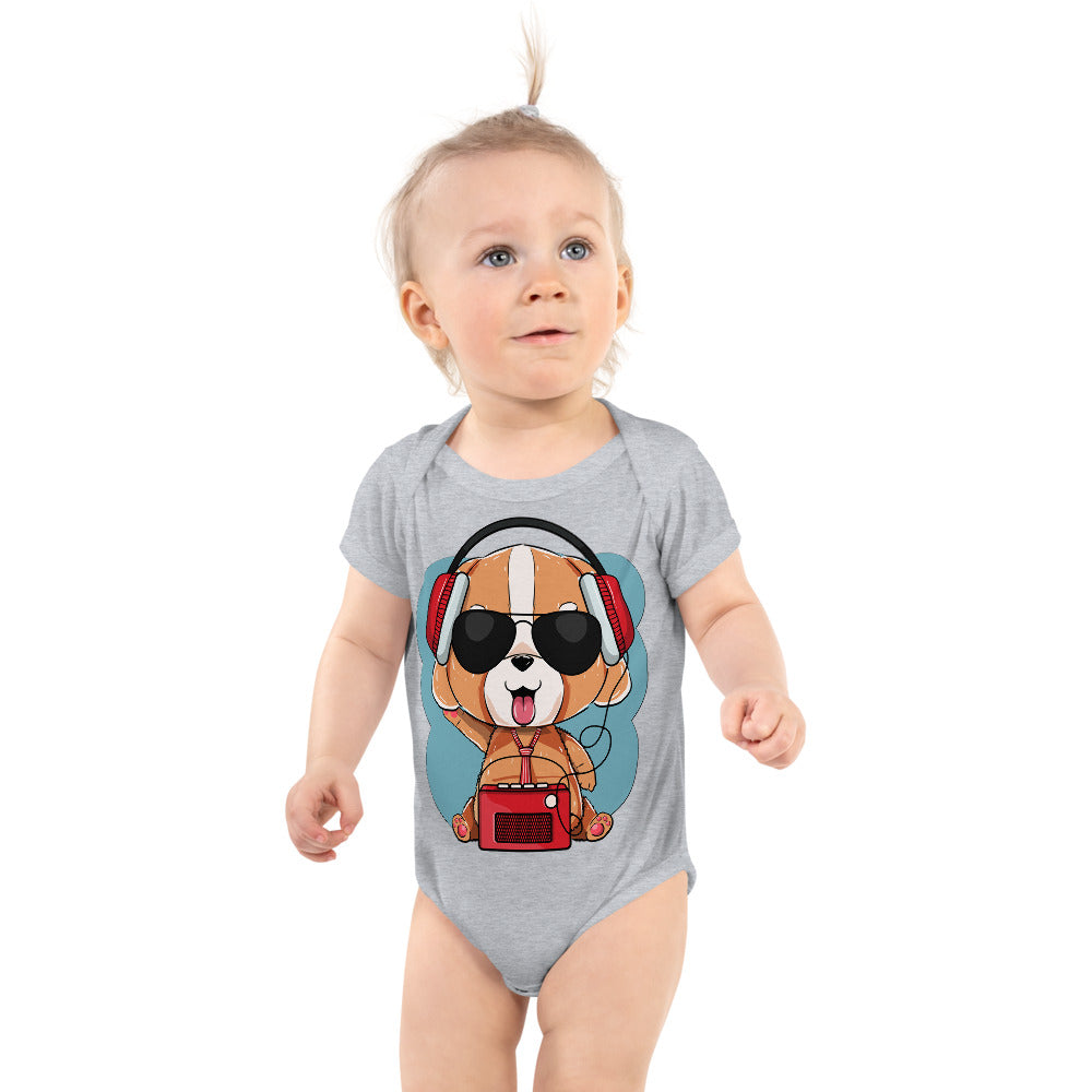 Cute Dog Puppy Listening to Music, Bodysuits, No. 0295