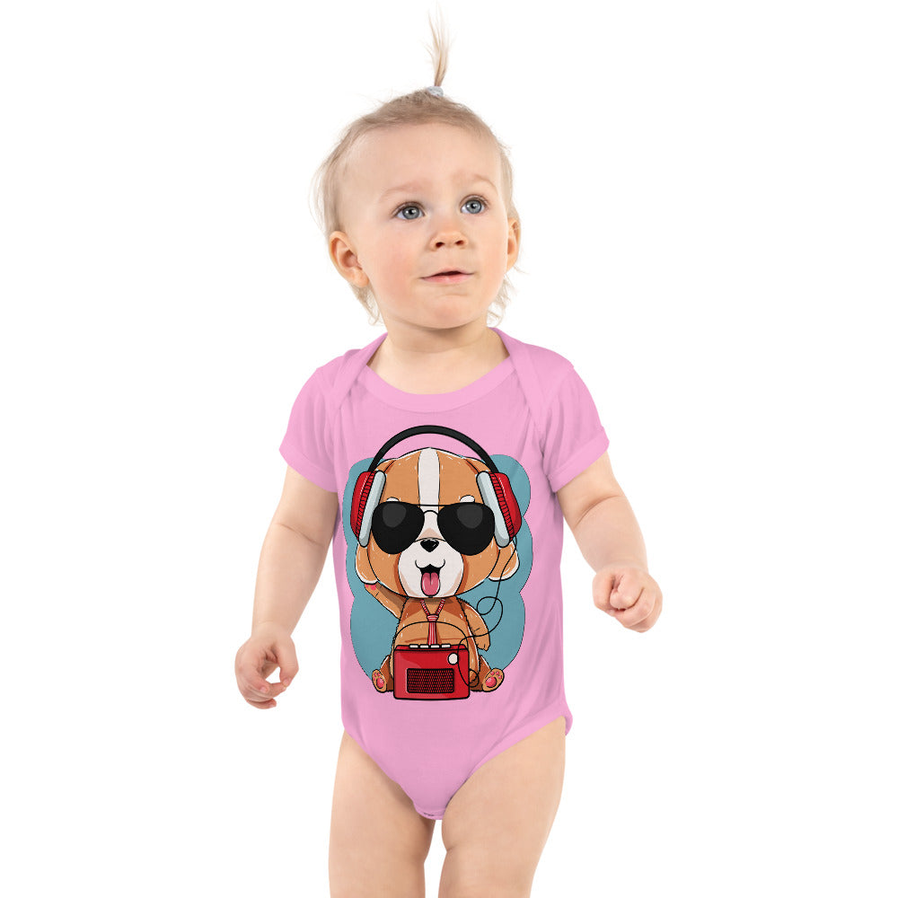 Cute Dog Puppy Listening to Music, Bodysuits, No. 0295