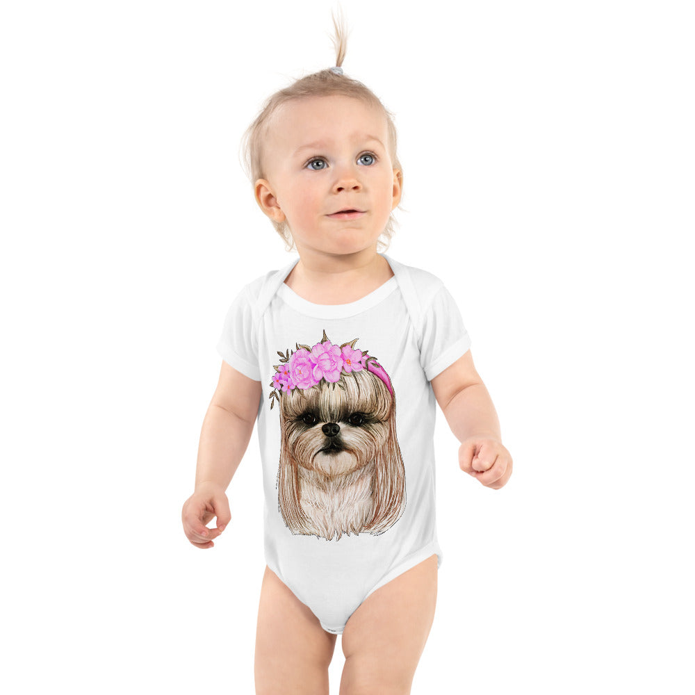 Adorable Dog with Flower Hair Crowns, Bodysuit, No. 0562