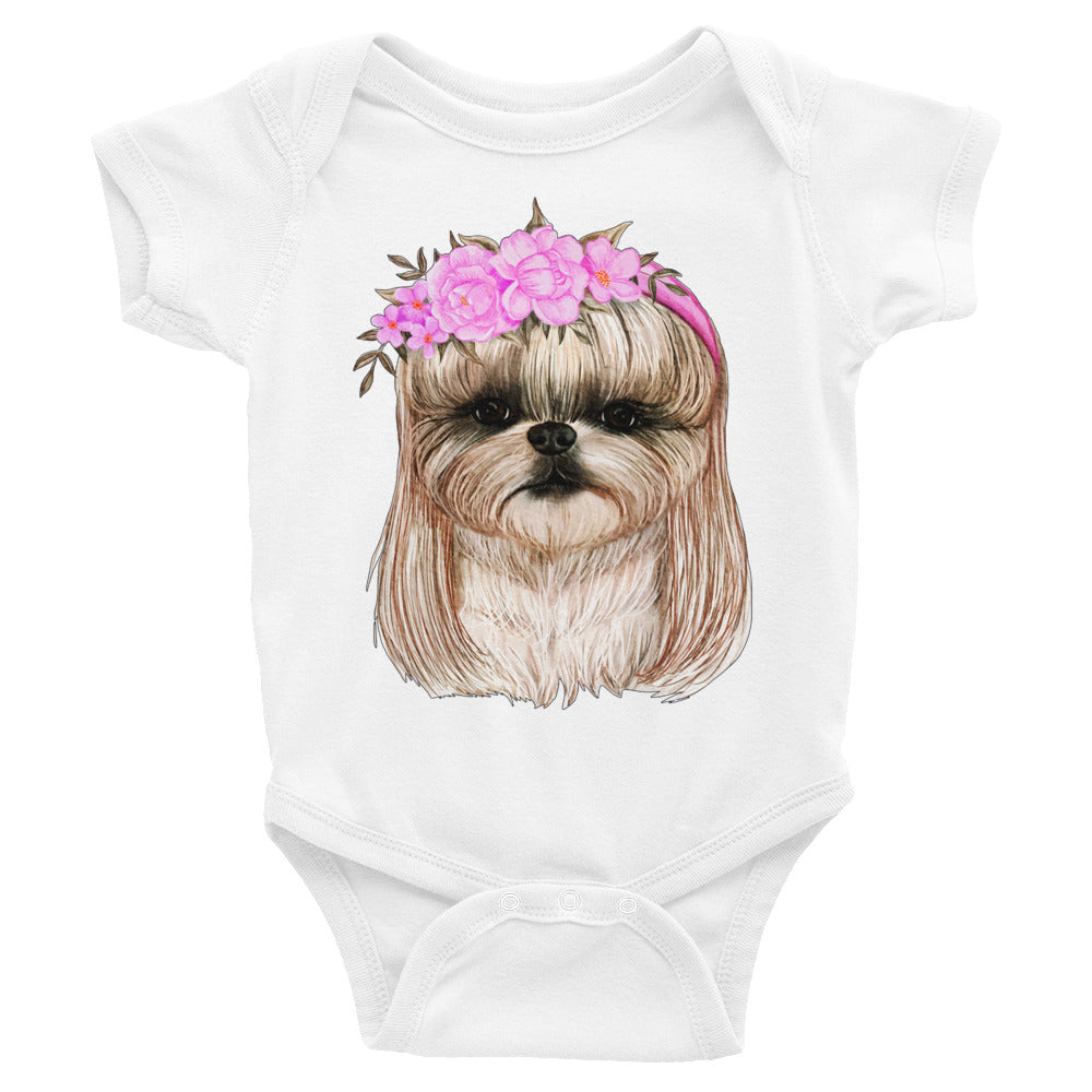 Adorable Dog with Flower Hair Crowns, Bodysuit, No. 0562