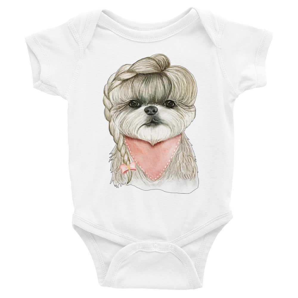 Adorable Dog with Hair Braids Ribbon, Bodysuit, No. 0564