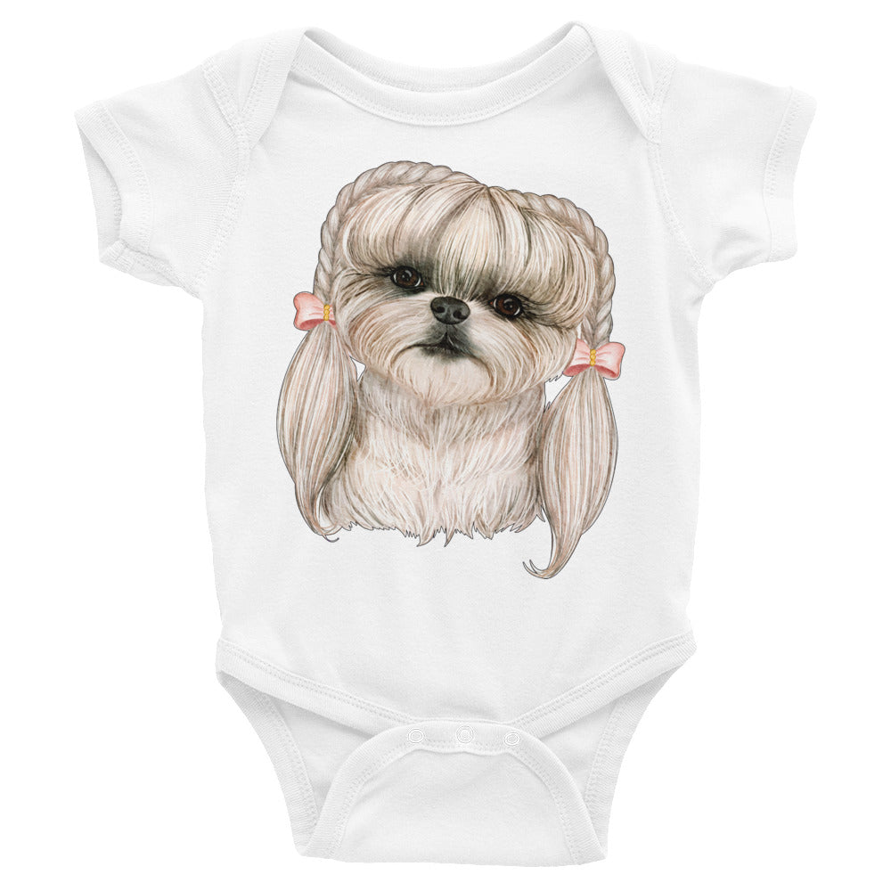 Adorable Dog with Pink Hair Braids Ribbon, Bodysuit, No. 0565