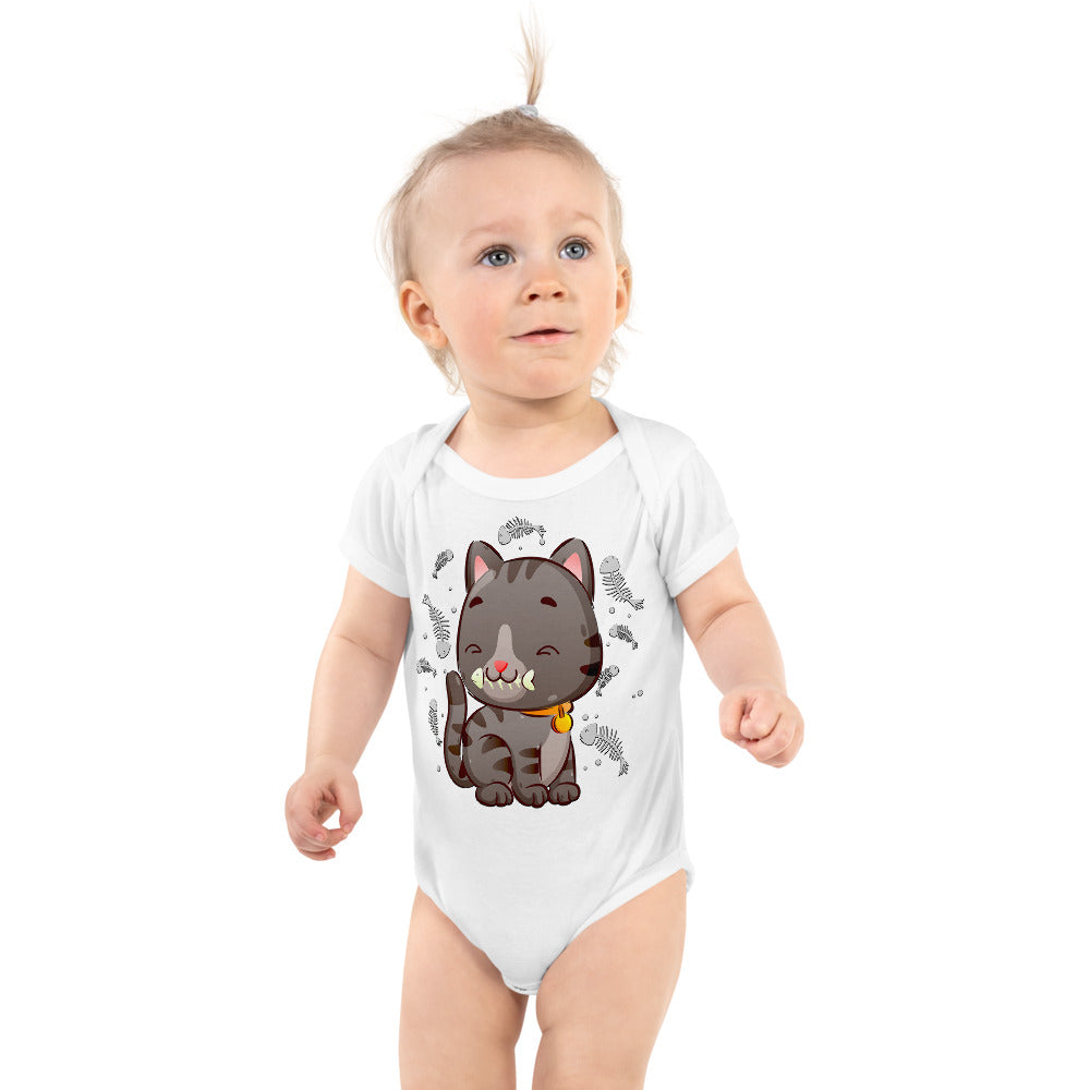 Cute Baby Cat Eating Fish Bone, Bodysuits, No. 0138